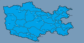 Map of Tumbra with major cities highlighted